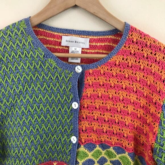 Susan Bristol Y2K 2000s Vintage Crochet patchwork Grandma cardigan sweater M - Picture 2 of 10